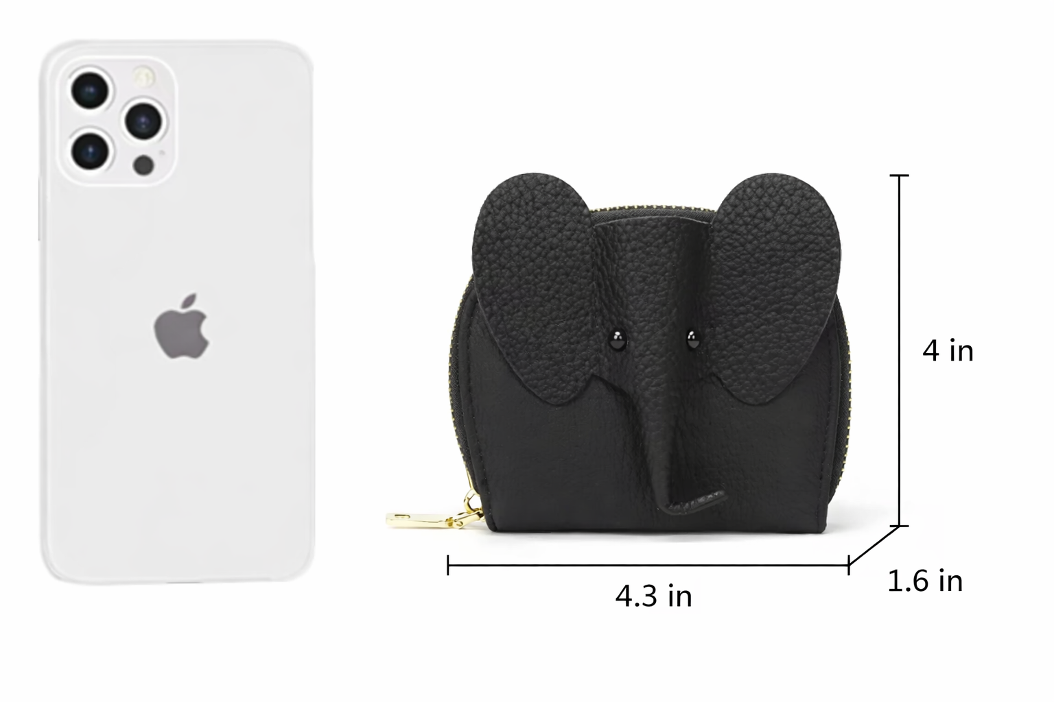 Black elephant card holder mini purse  next to an iPhone 11 Pro Max, with measurements indicated to show size. 