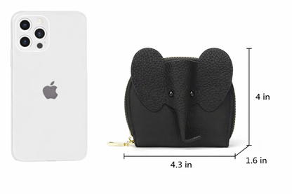 Black elephant card holder mini purse  next to an iPhone 11 Pro Max, with measurements indicated to show size. 