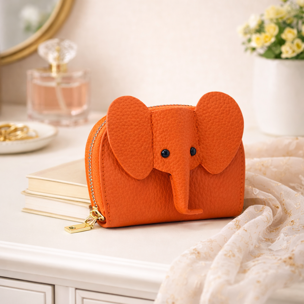 Little Trunk Treasures Collection – Elephant Leather Card Holder, Cute Mini Wallet, Giftable Coin & Card Purse, Pastel Animal Accessory