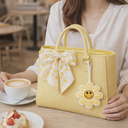 Video of Woman holding a Yellow Smiles in Bloom Daisy Bag Charm on a yellow purse with scarf having coffee. 