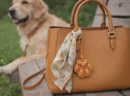 Video of a cognac colored luxury bag with an Everyday Companion Dog Paw Bag Charm with leather strap next to a dog in a park. 