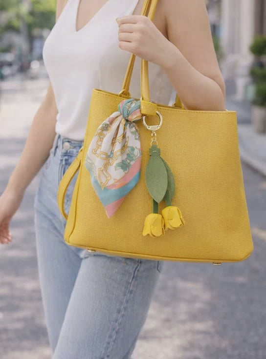 Wideo of Woman walking holding a yellow purse with a yellow Sweetheart Tulip Bag Charm with key ring. 