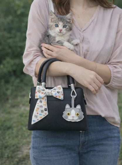Video of woman walking with grey Whiskered Heirloom Leather Cat Charm on black purse with scarf.