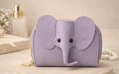 Elephant-shaped leather card holder in Purple with a secure gold zipper and multiple card slots
