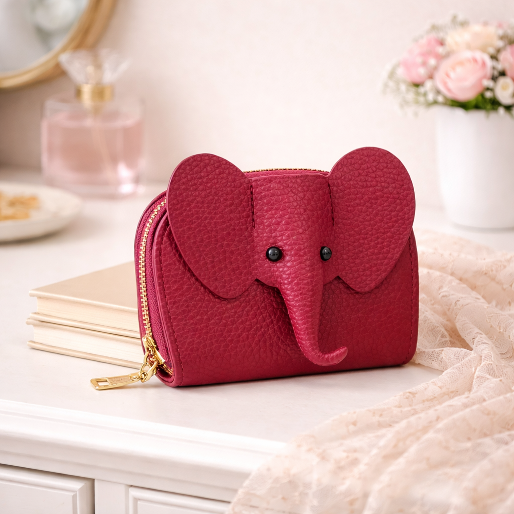 Elephant-shaped leather card holder in Red with a secure gold zipper and multiple card slots