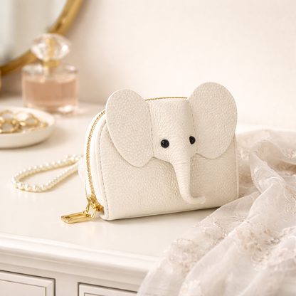 Elephant-shaped leather card holder in White with a secure gold zipper and multiple card slots